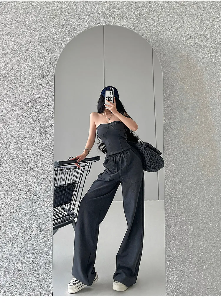 Kiza Solid Color Fishbone Sleeveless Bandeau Top   High Waist Straight Leg Suit Pants Matching Set