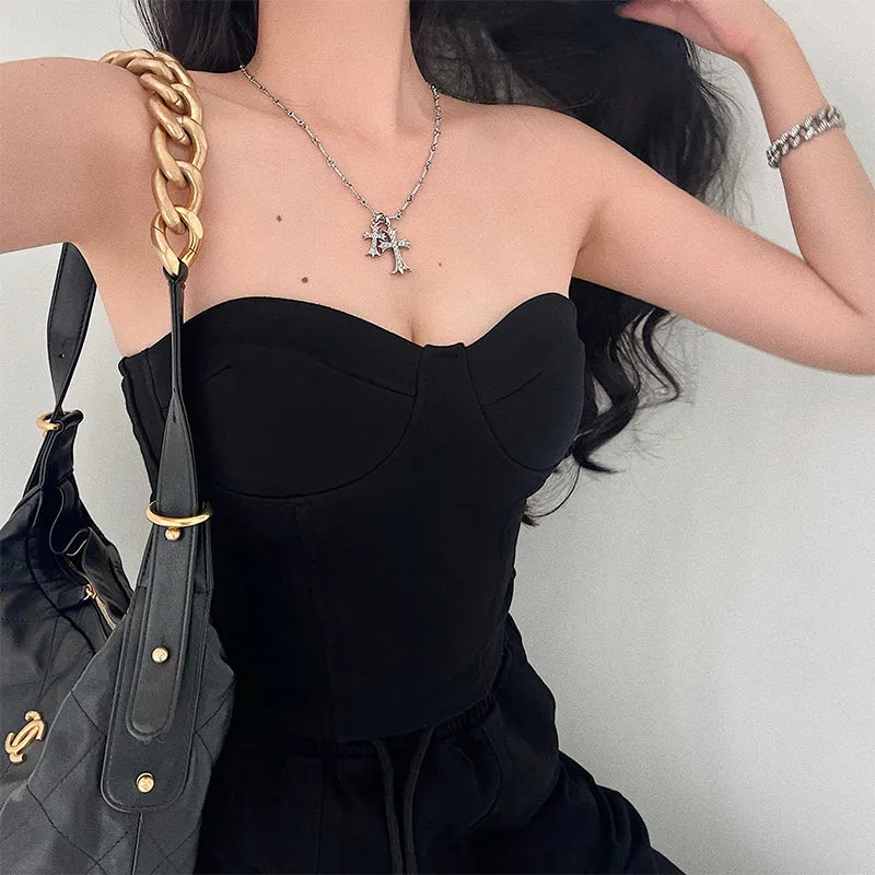 Kiza Solid Color Fishbone Sleeveless Bandeau Top   High Waist Straight Leg Suit Pants Matching Set