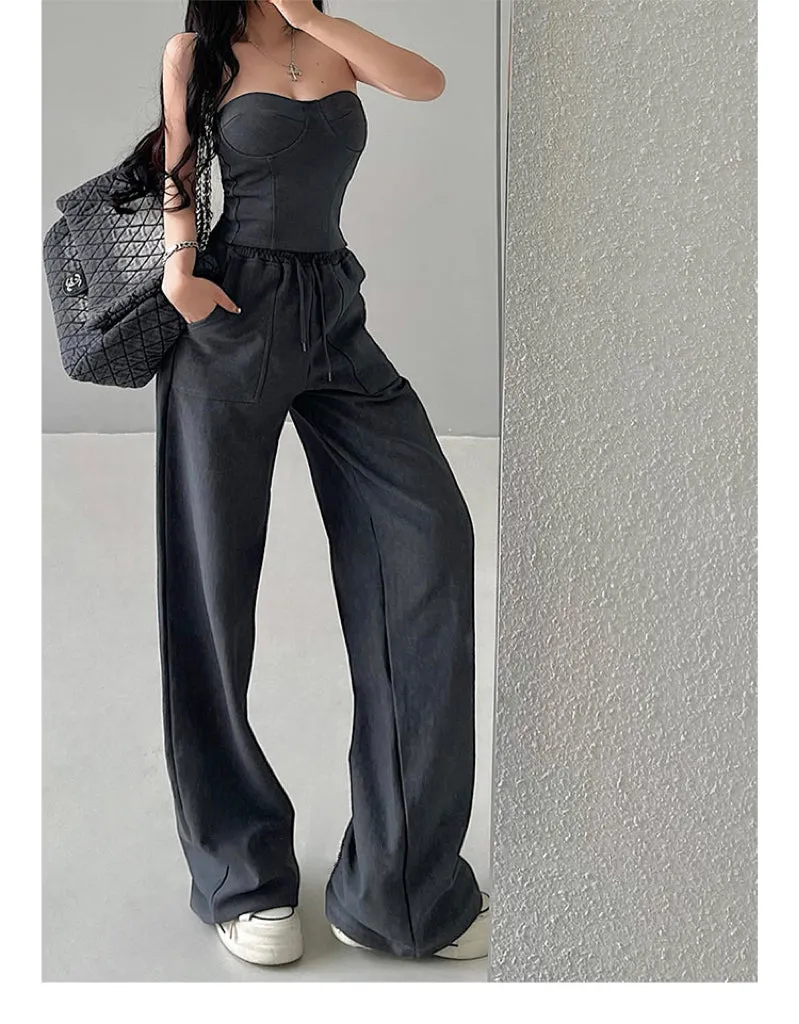 Kiza Solid Color Fishbone Sleeveless Bandeau Top   High Waist Straight Leg Suit Pants Matching Set