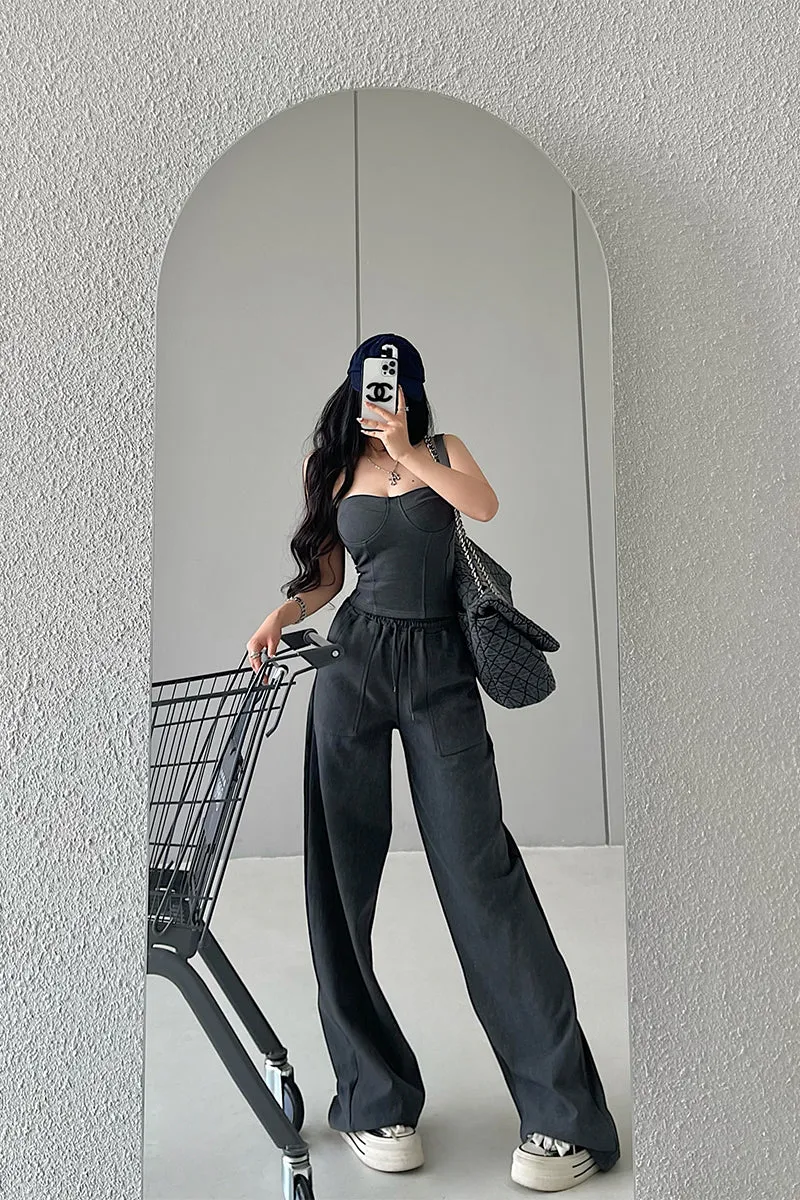 Kiza Solid Color Fishbone Sleeveless Bandeau Top   High Waist Straight Leg Suit Pants Matching Set
