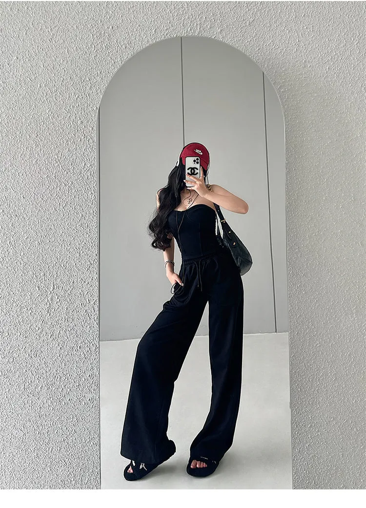 Kiza Solid Color Fishbone Sleeveless Bandeau Top   High Waist Straight Leg Suit Pants Matching Set