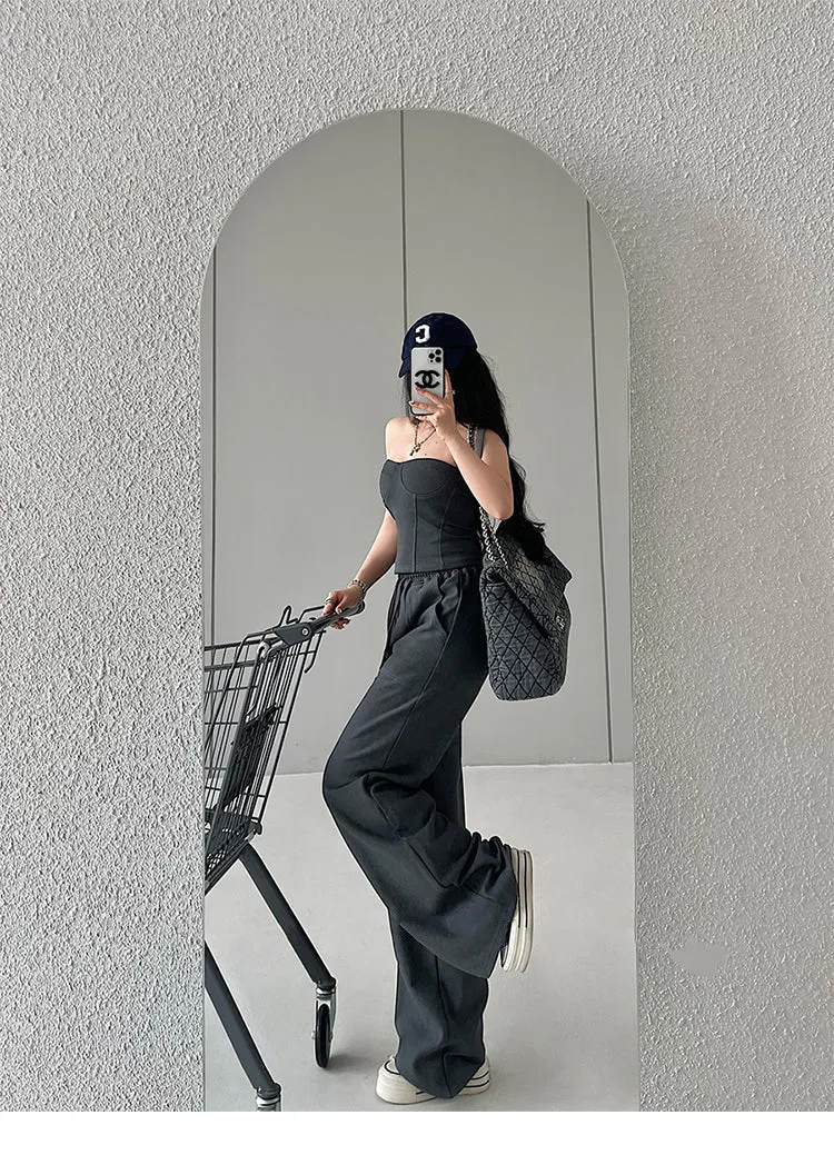 Kiza Solid Color Fishbone Sleeveless Bandeau Top   High Waist Straight Leg Suit Pants Matching Set
