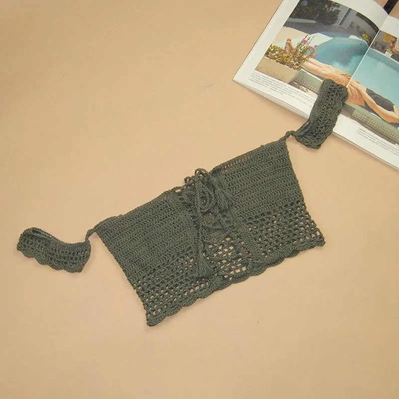 Knitted Crochet White Crop Tops Bikini Beachwear 90's Girls Casual Lace Up Off Shoulder Bikini Bra Tank Top Cropped