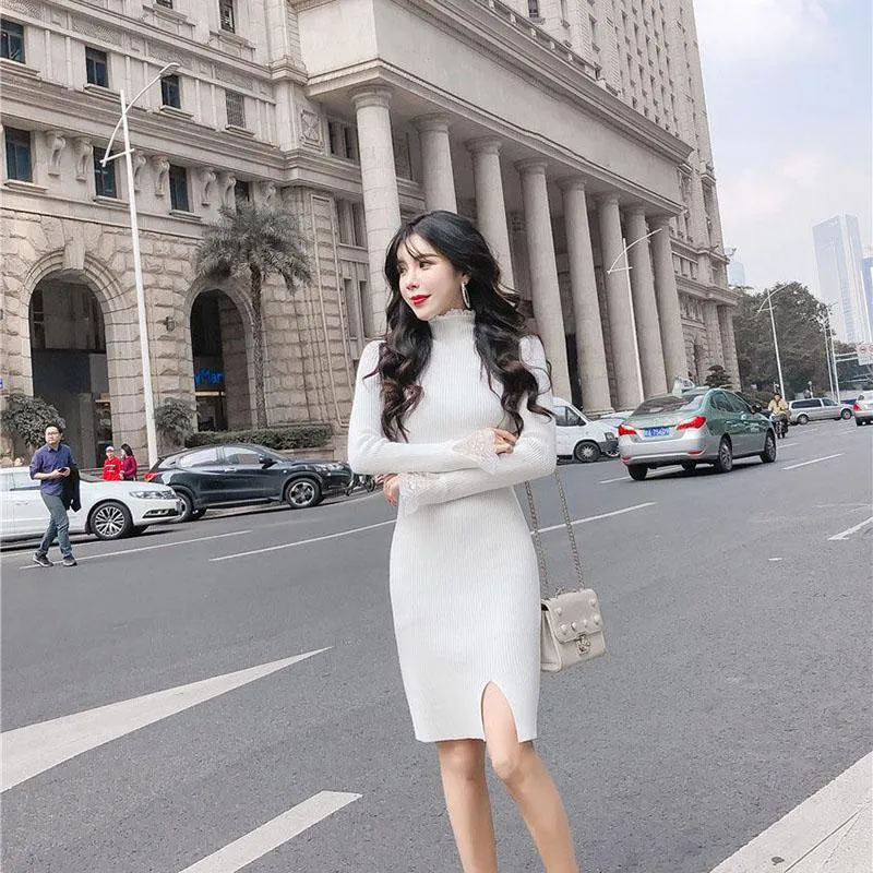 Knitted Sexy Bag Hip Sweater Autumn and Winter Fashion Bottoming Shirt Mid-length Lace Female Dress