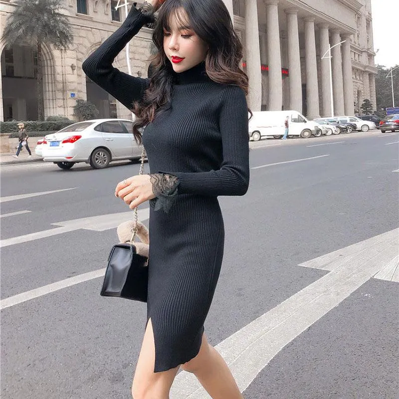 Knitted Sexy Bag Hip Sweater Autumn and Winter Fashion Bottoming Shirt Mid-length Lace Female Dress