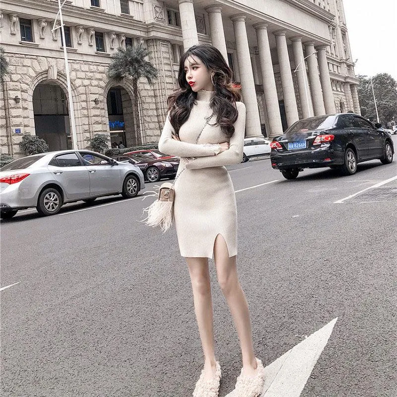 Knitted Sexy Bag Hip Sweater Autumn and Winter Fashion Bottoming Shirt Mid-length Lace Female Dress