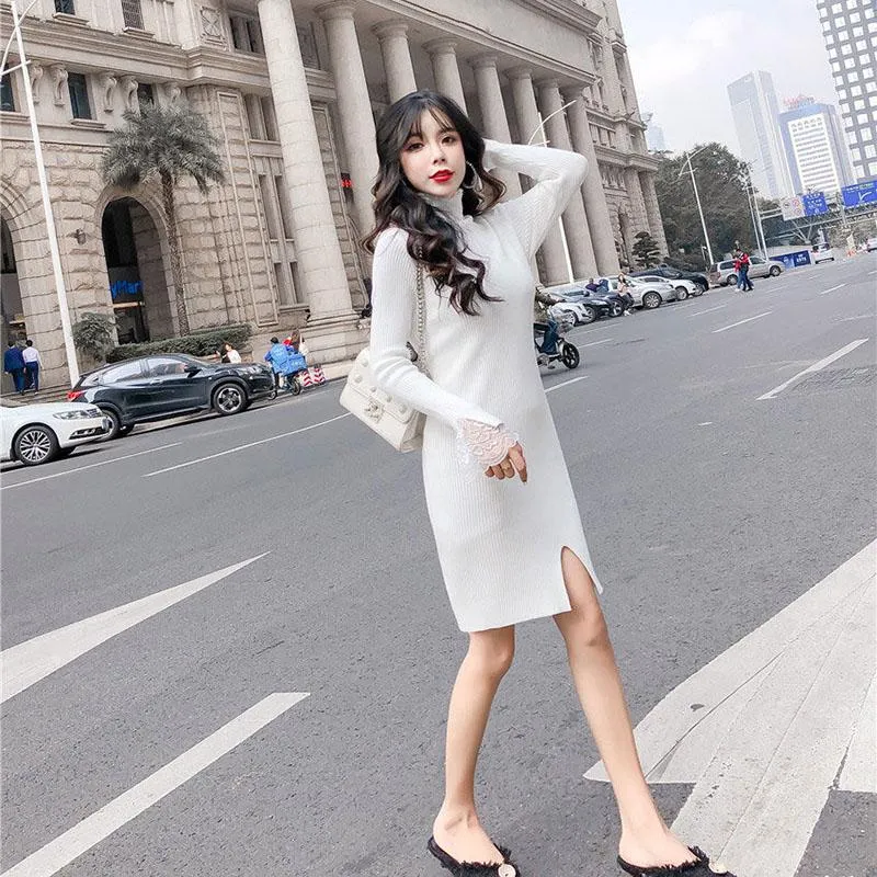 Knitted Sexy Bag Hip Sweater Autumn and Winter Fashion Bottoming Shirt Mid-length Lace Female Dress