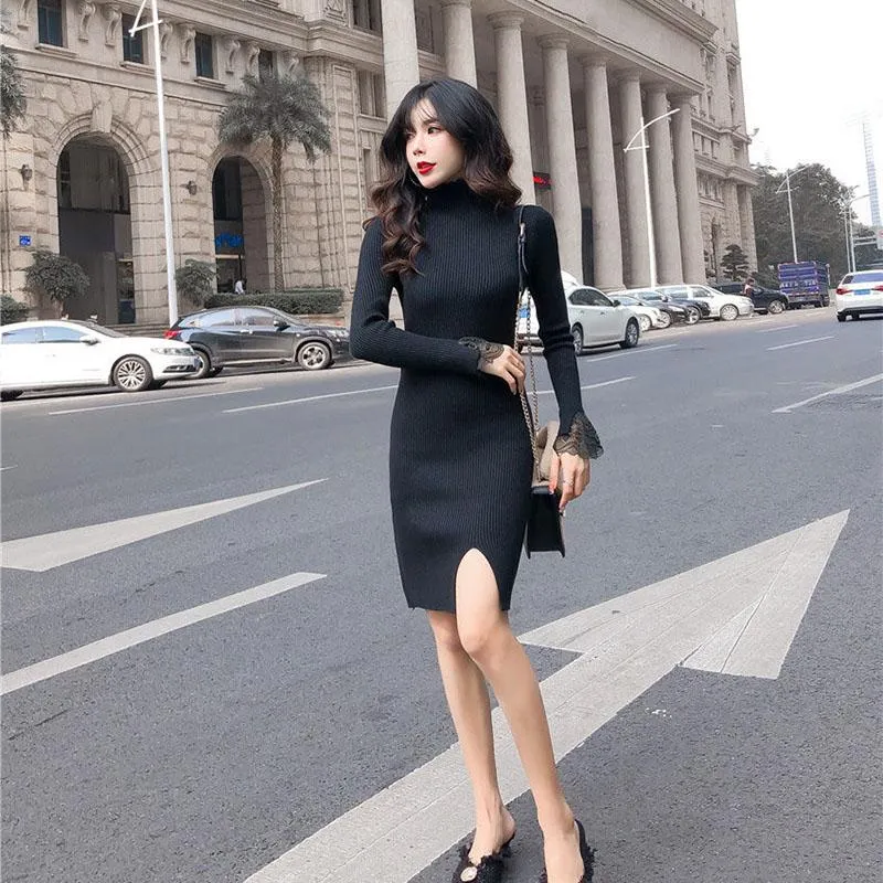 Knitted Sexy Bag Hip Sweater Autumn and Winter Fashion Bottoming Shirt Mid-length Lace Female Dress