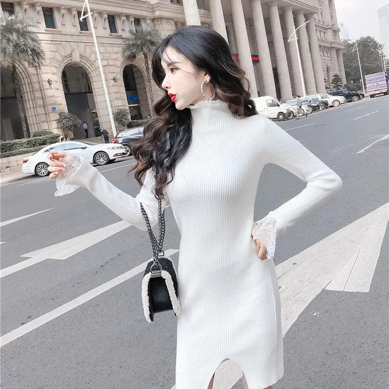 Knitted Sexy Bag Hip Sweater Autumn and Winter Fashion Bottoming Shirt Mid-length Lace Female Dress
