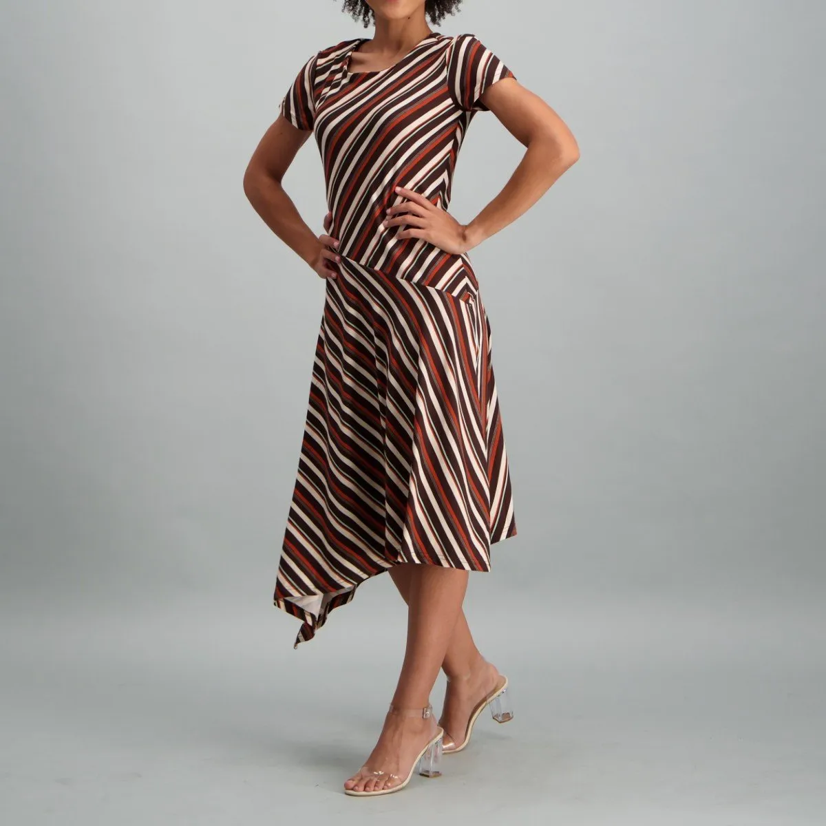 Ladies Stripe Asymmetrical Hem Dress - Multi