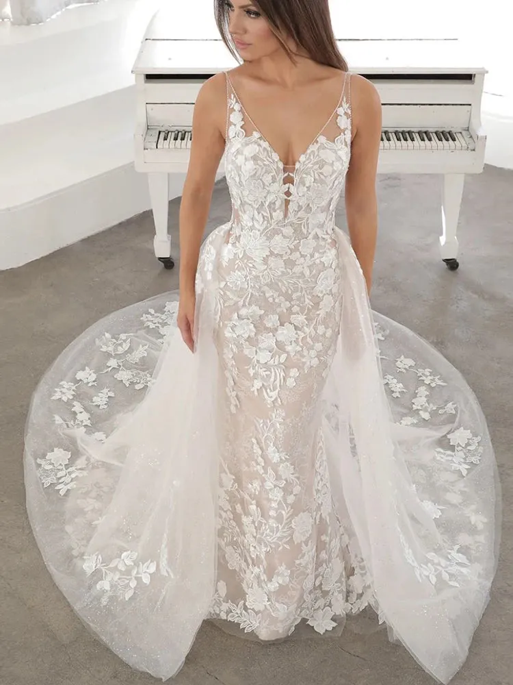 Lakshmigown Vintage Lace 2 in 1 Mermaid Wedding Gowns Sexy Backless Bridal Dress  Vestido Largo Boda Detachable Skirt