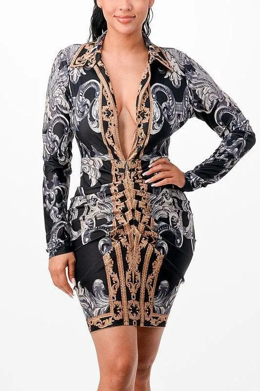 Lapel collar long sleeve dress