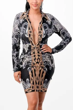 Lapel collar long sleeve dress