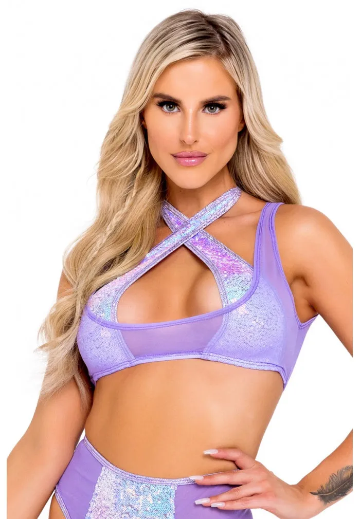 Lavender Two-Tone Mesh Crop Top