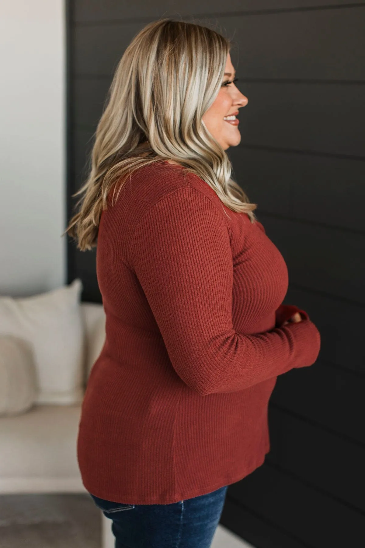 Learn As You Go Ribbed Top- Dark Rust
