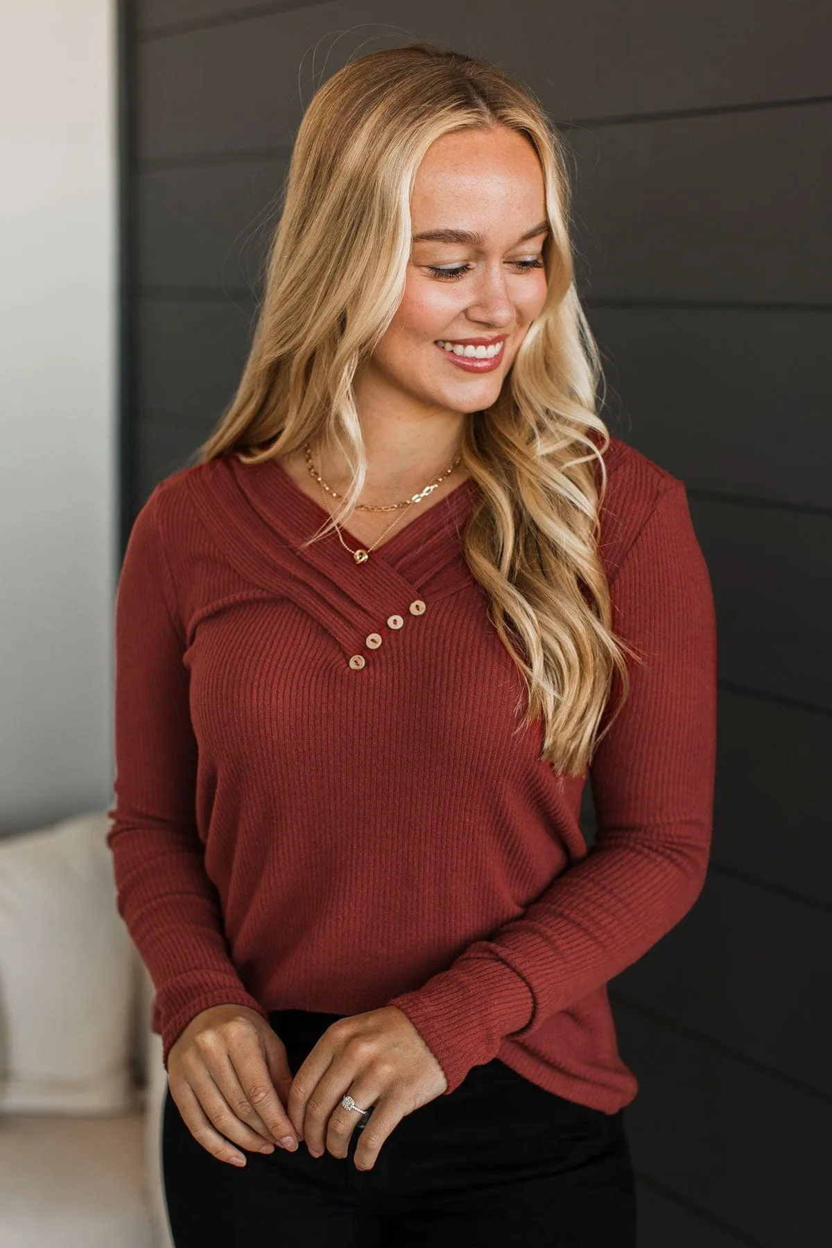 Learn As You Go Ribbed Top- Dark Rust
