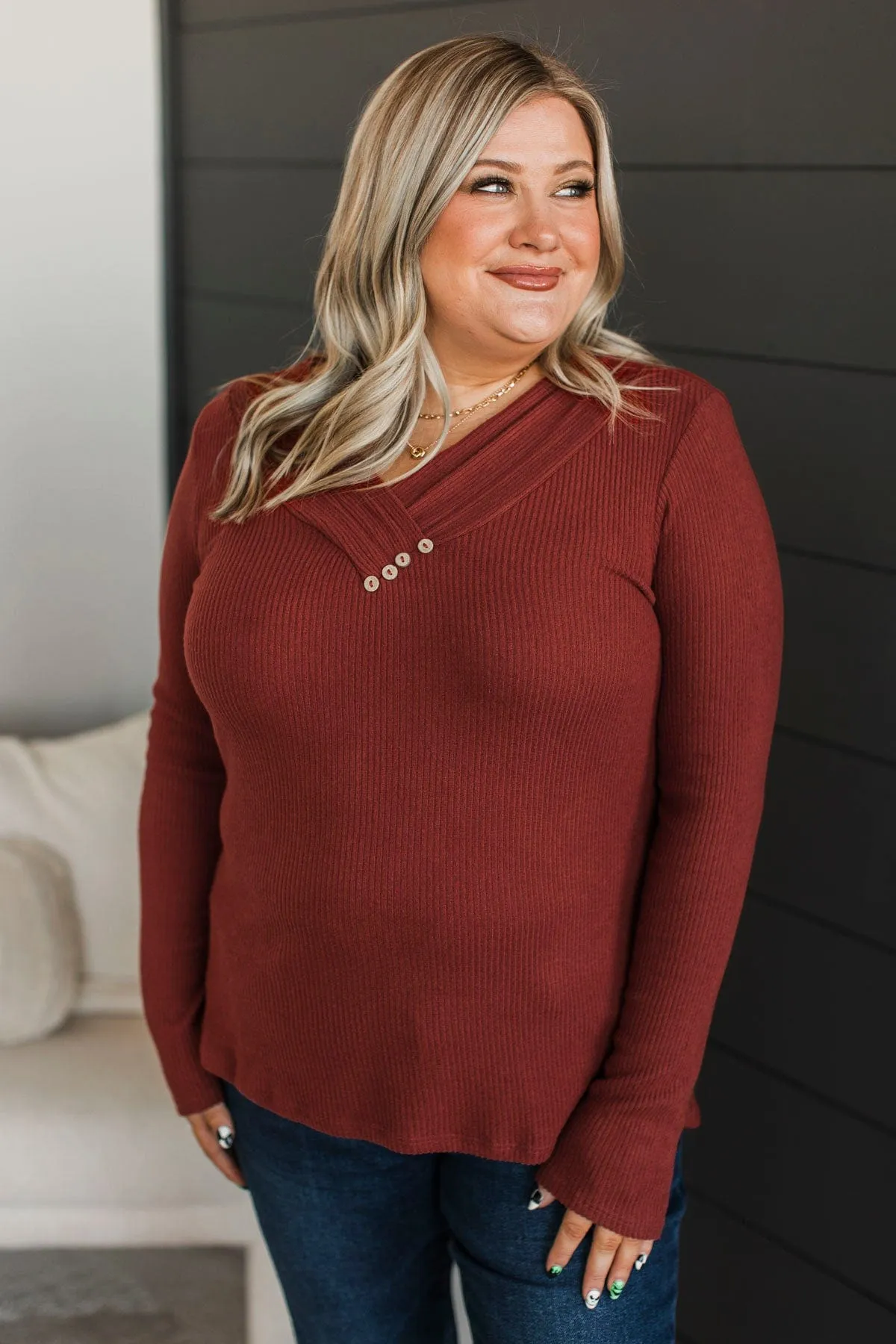 Learn As You Go Ribbed Top- Dark Rust