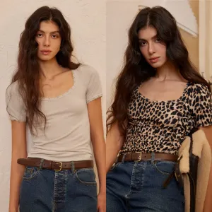 Leopard & Ribbed Short-Sleeve Tops