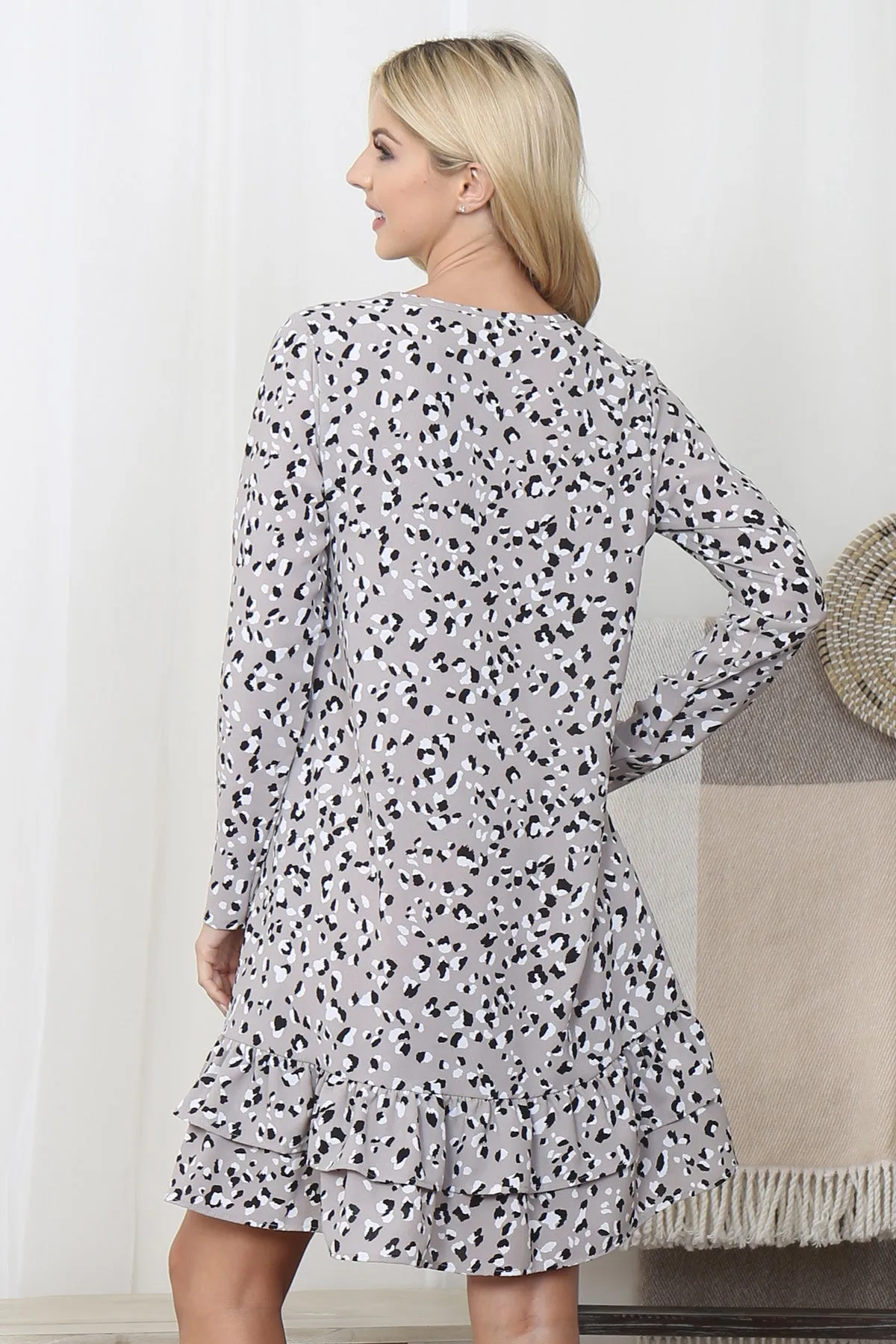 Leopard Printed Long Sleeve Ruffle Hem Dress