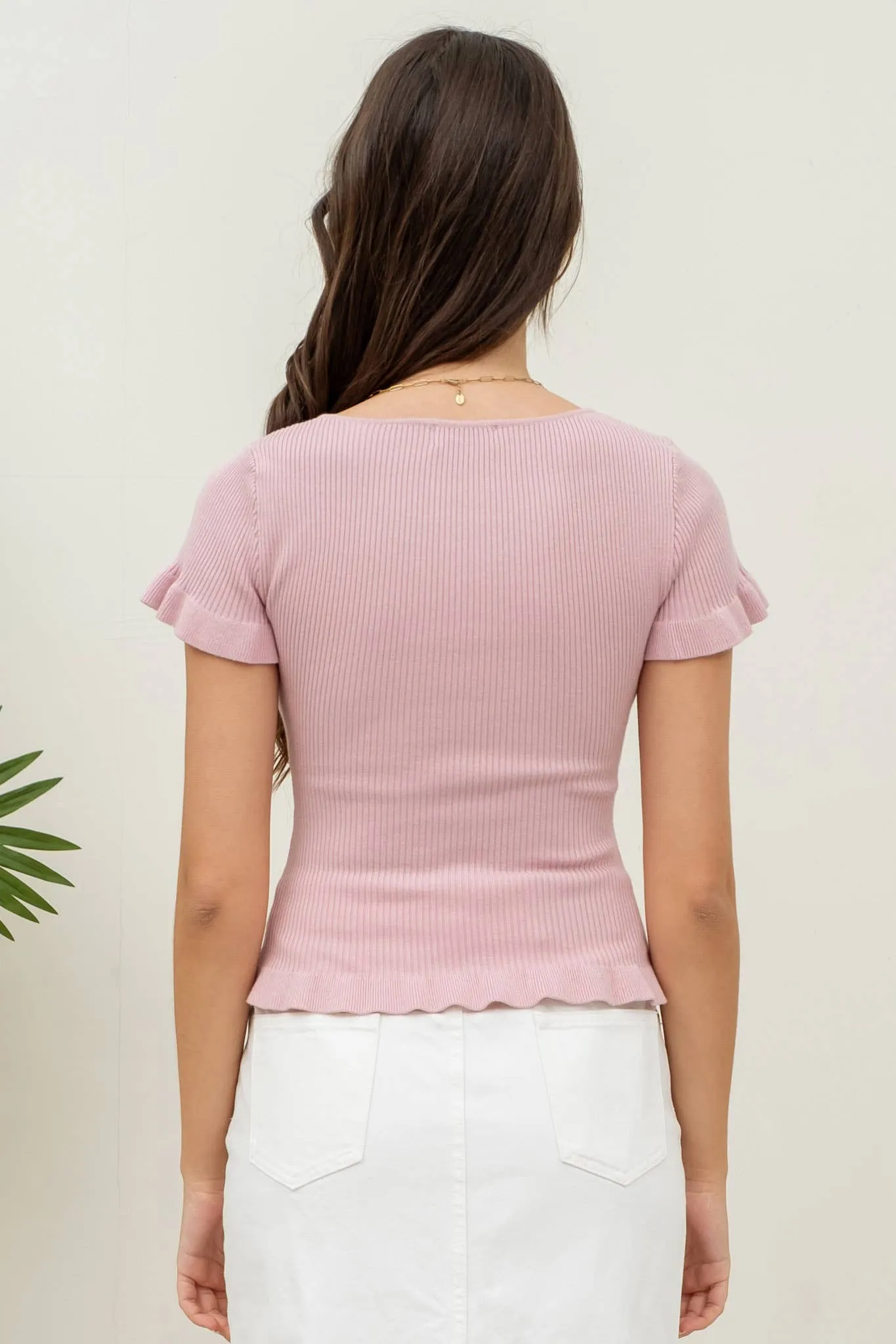 LETTUCE HEM SHORT SLEEVE SWEATER KNIT TOP