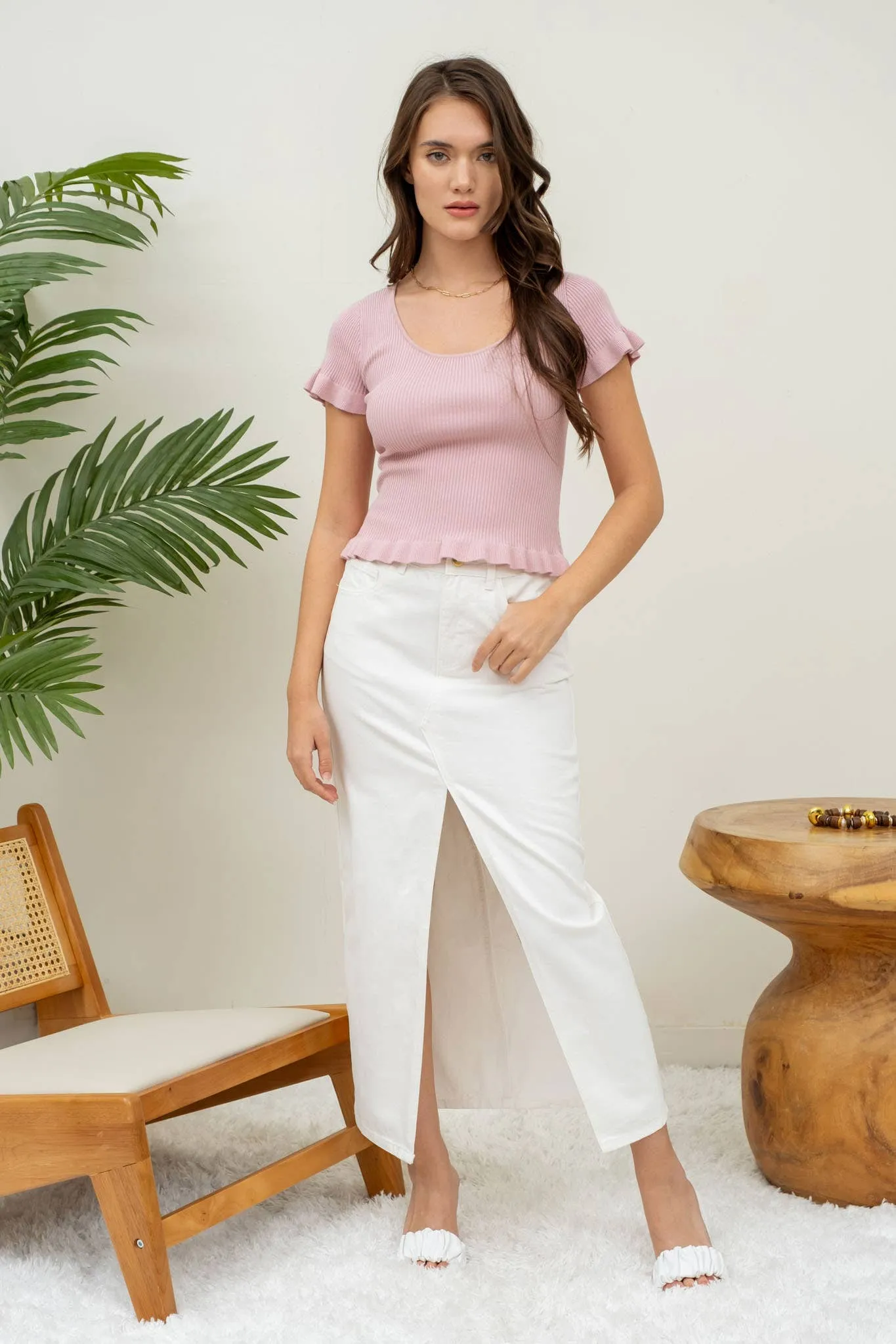 LETTUCE HEM SHORT SLEEVE SWEATER KNIT TOP