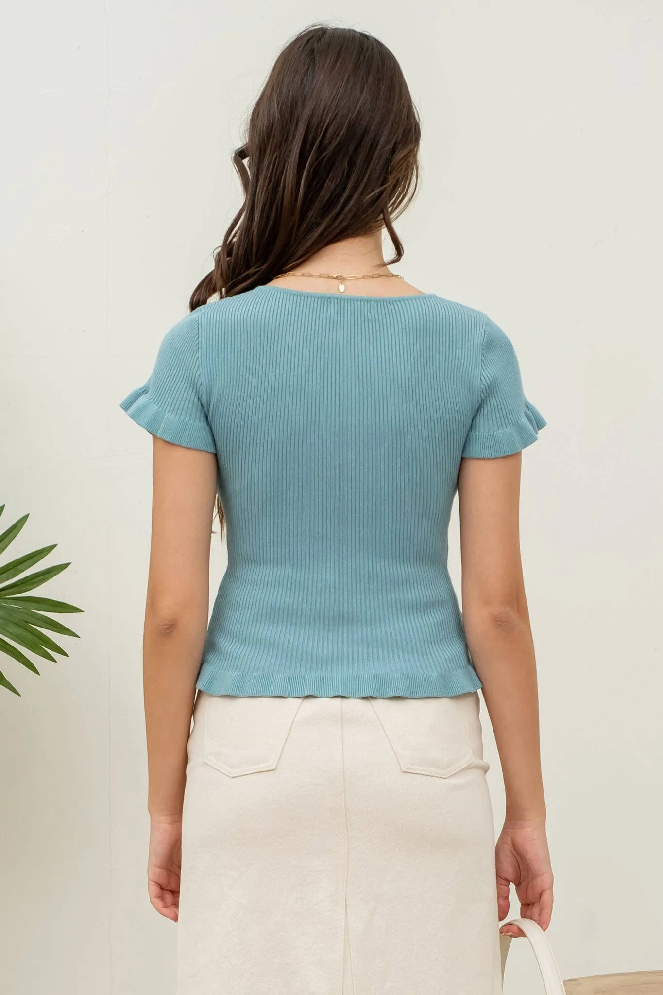 LETTUCE HEM SHORT SLEEVE SWEATER KNIT TOP