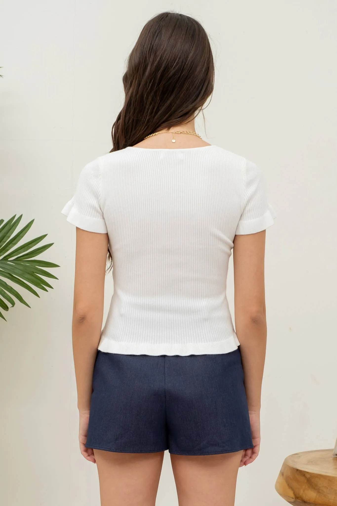 LETTUCE HEM SHORT SLEEVE SWEATER KNIT TOP