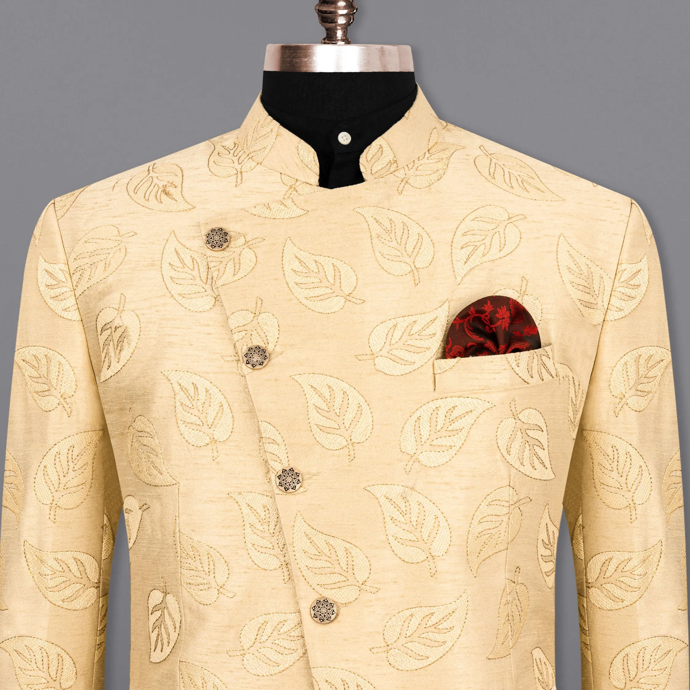 Light Apricot Leaves Embroidery Textured Cross Buttoned Bandhgala Designer Blazer
