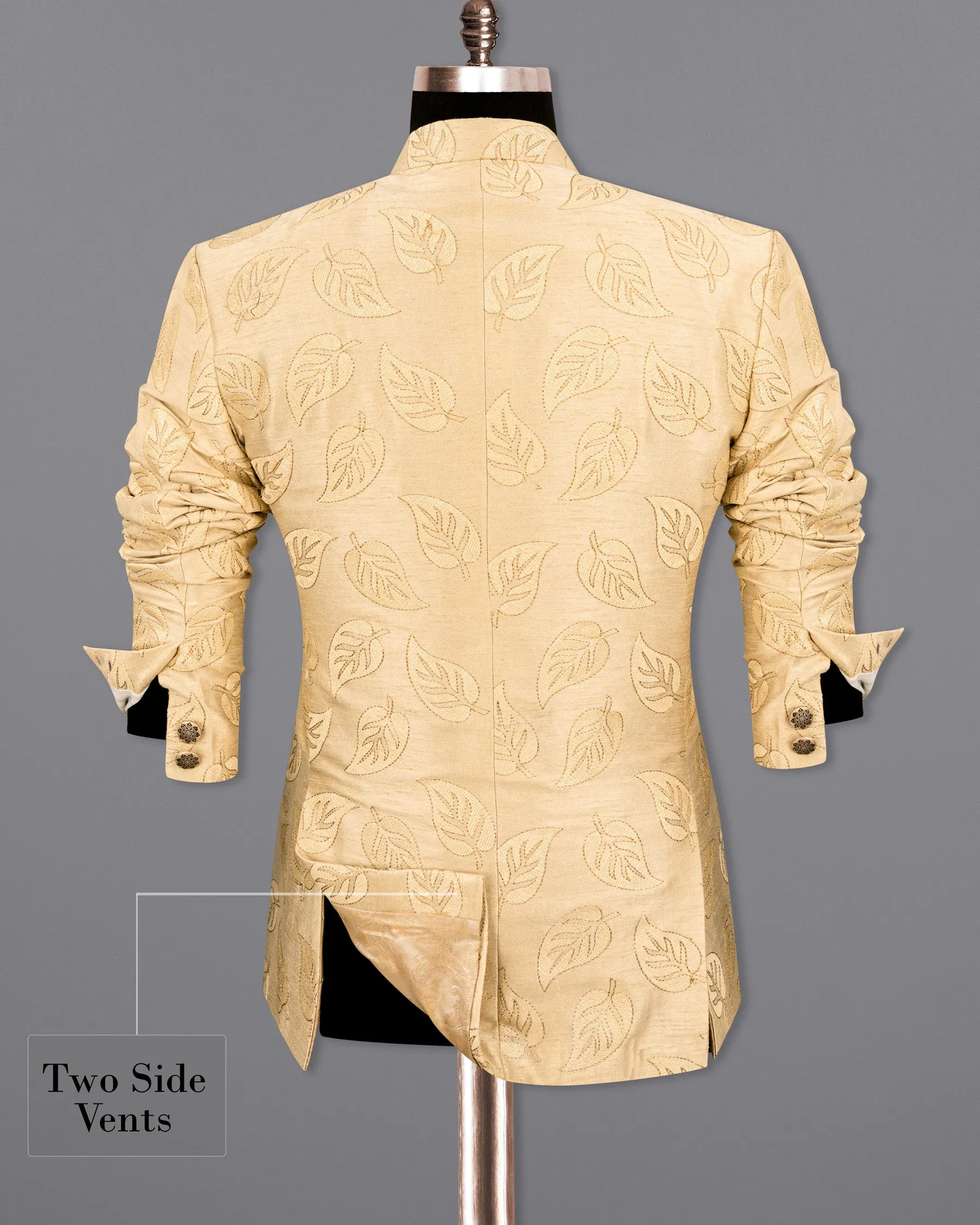 Light Apricot Leaves Embroidery Textured Cross Buttoned Bandhgala Designer Blazer