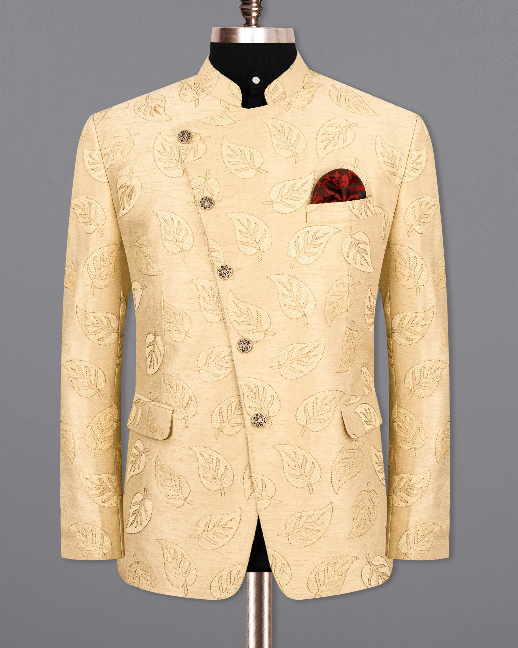 Light Apricot Leaves Embroidery Textured Cross Buttoned Bandhgala Designer Blazer