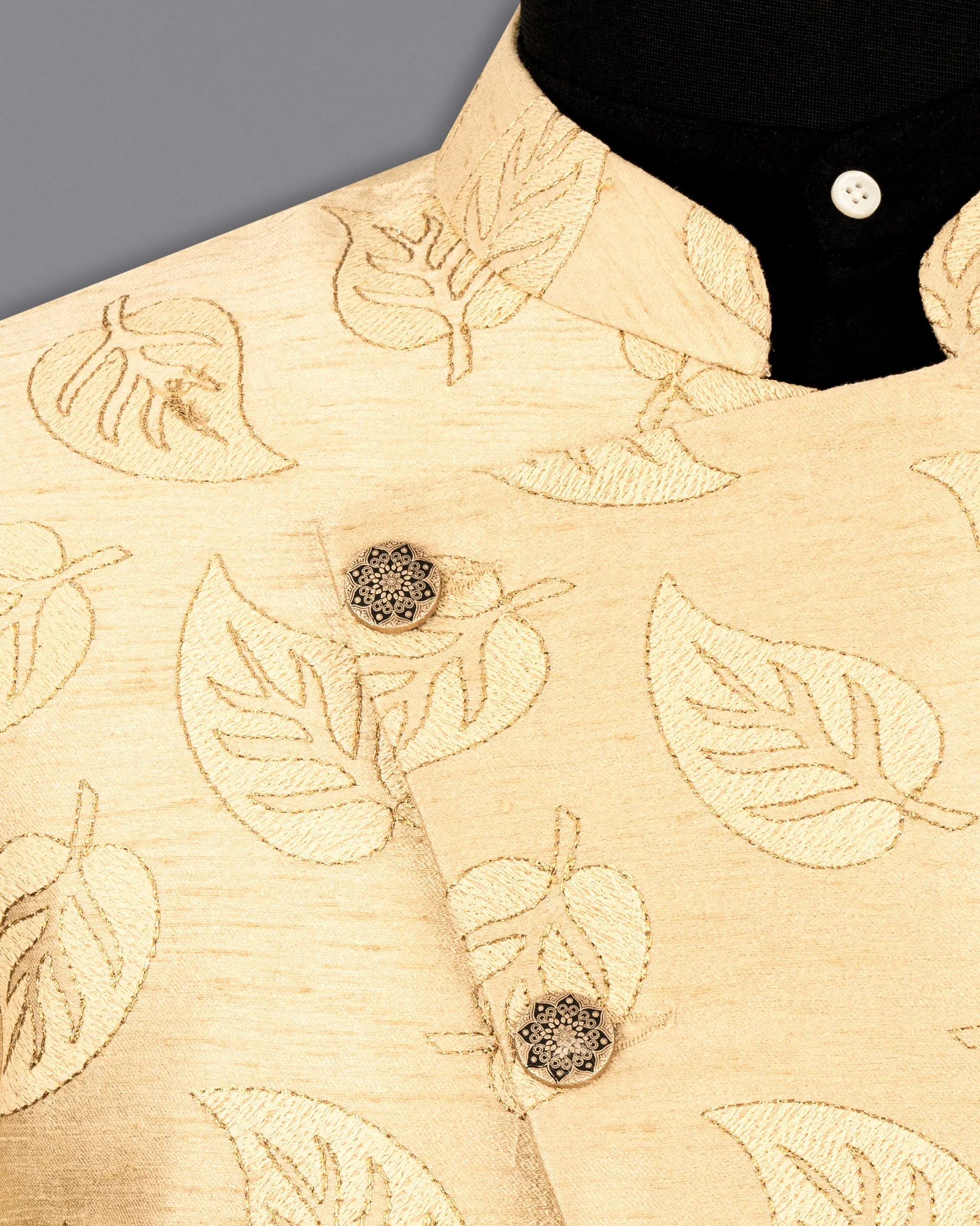 Light Apricot Leaves Embroidery Textured Cross Buttoned Bandhgala Designer Blazer