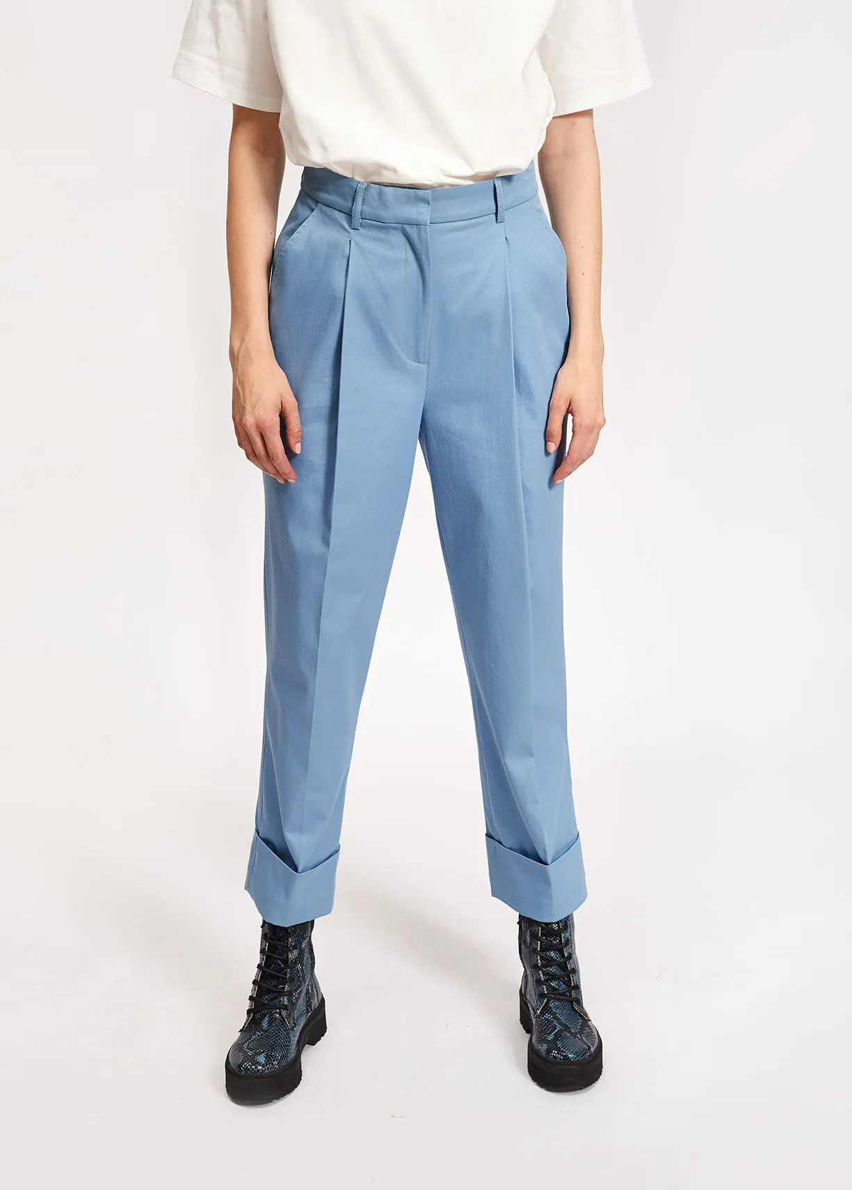 Light blue cotton-blend straight-leg pants