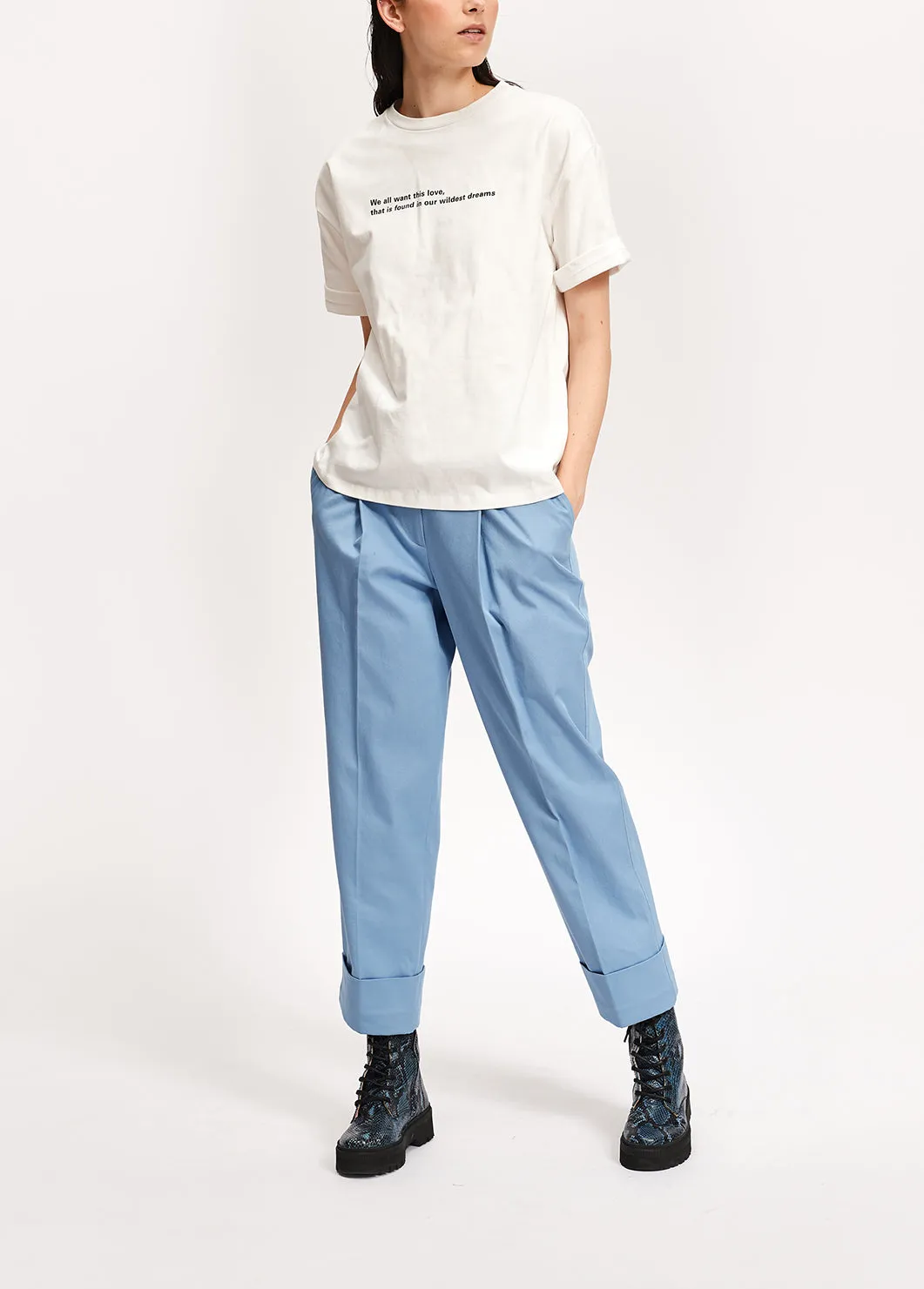 Light blue cotton-blend straight-leg pants