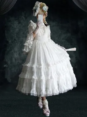 Lolita OP Dress 4-Piece Set White Ruffles Long Sleeve Lolita One Piece Dresses