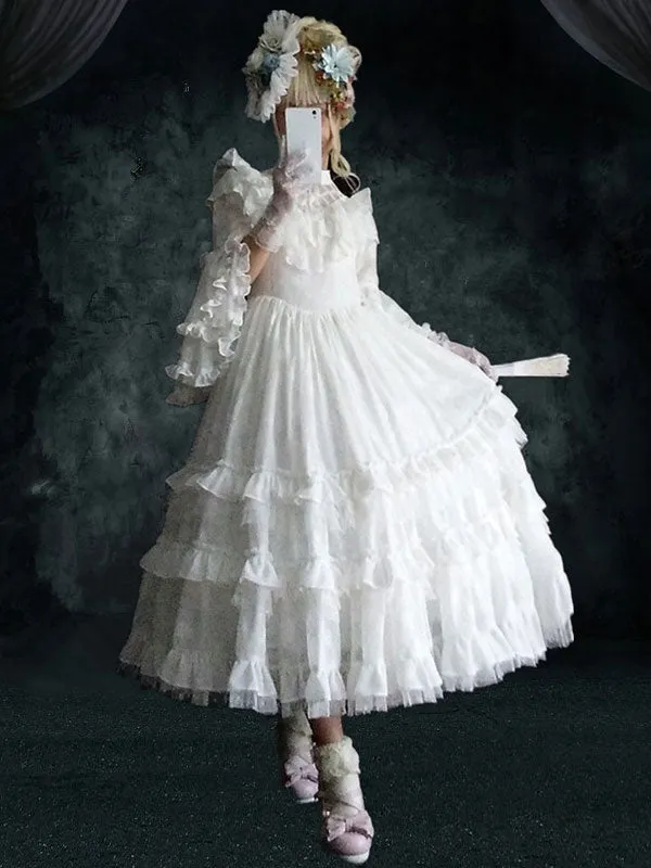 Lolita OP Dress 4-Piece Set White Ruffles Long Sleeve Lolita One Piece Dresses