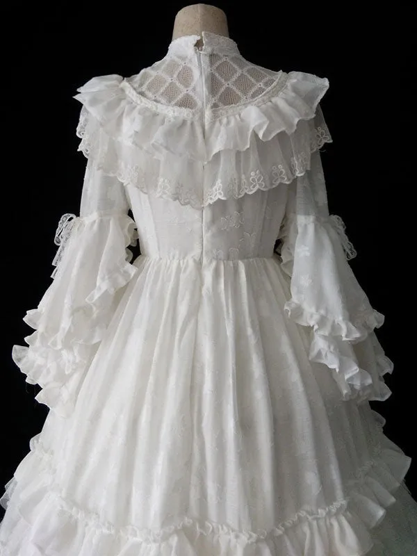 Lolita OP Dress 4-Piece Set White Ruffles Long Sleeve Lolita One Piece Dresses