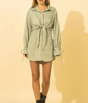Long Sleeve Button Down Tie Mini Dress