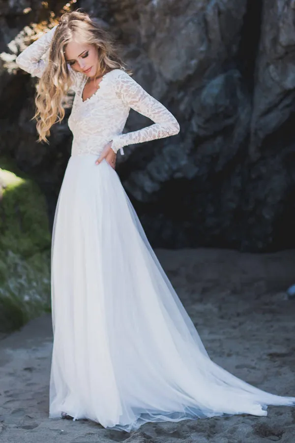 Long Sleeve Chiffon Tulle Lace Wedding Dress-715284