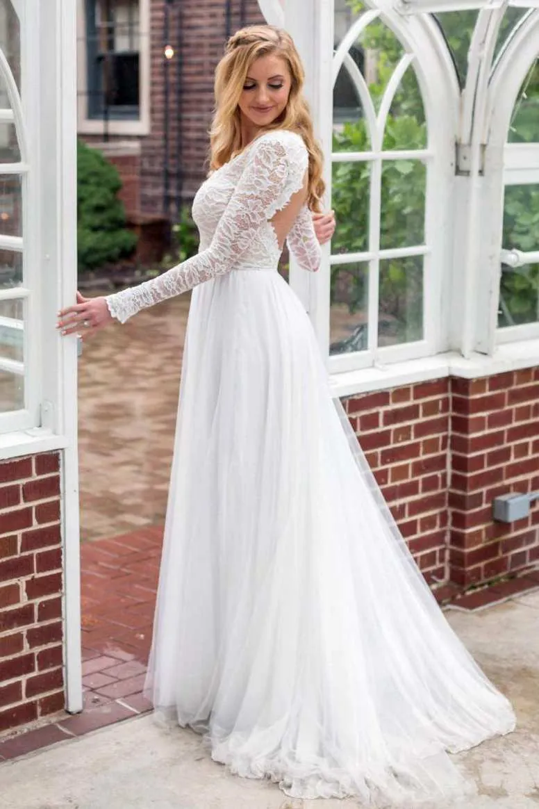Long Sleeve Chiffon Tulle Lace Wedding Dress-715284