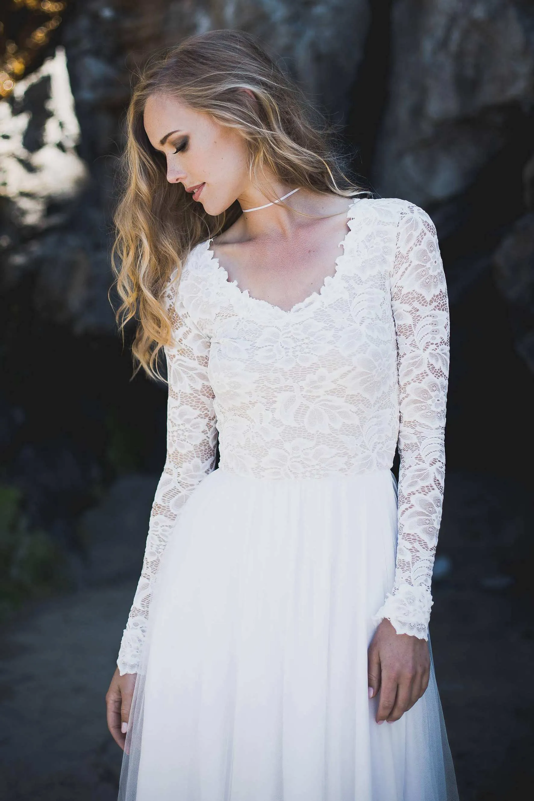 Long Sleeve Chiffon Tulle Lace Wedding Dress-715284