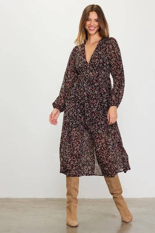 Long Sleeve Floral Print Midi Dress