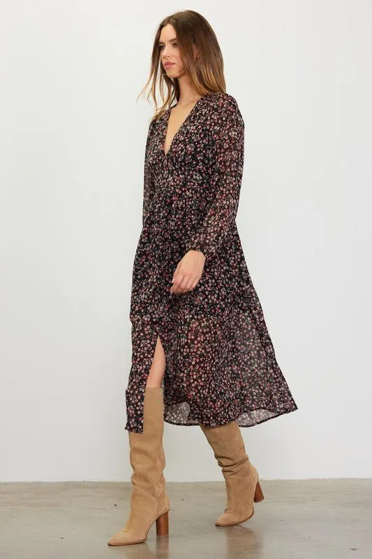 Long Sleeve Floral Print Midi Dress