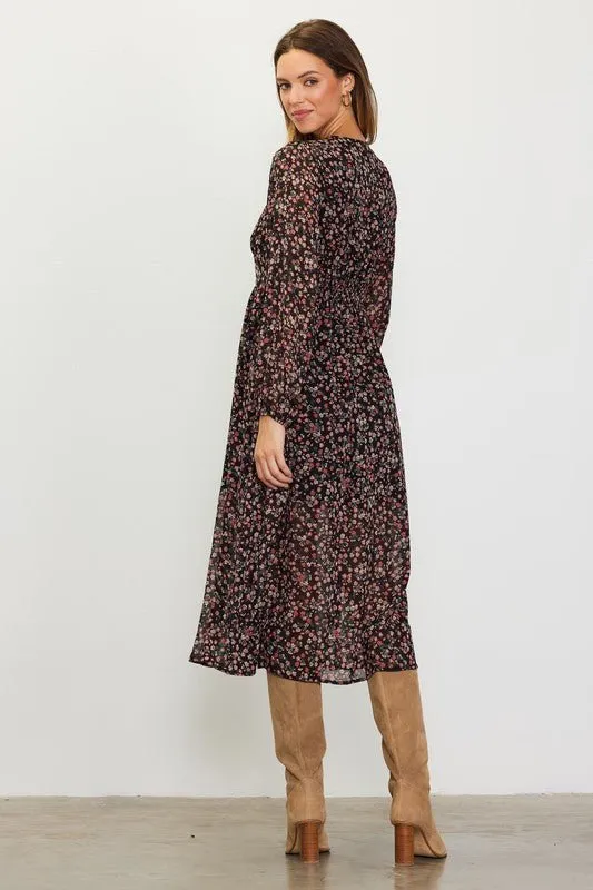 Long Sleeve Floral Print Midi Dress