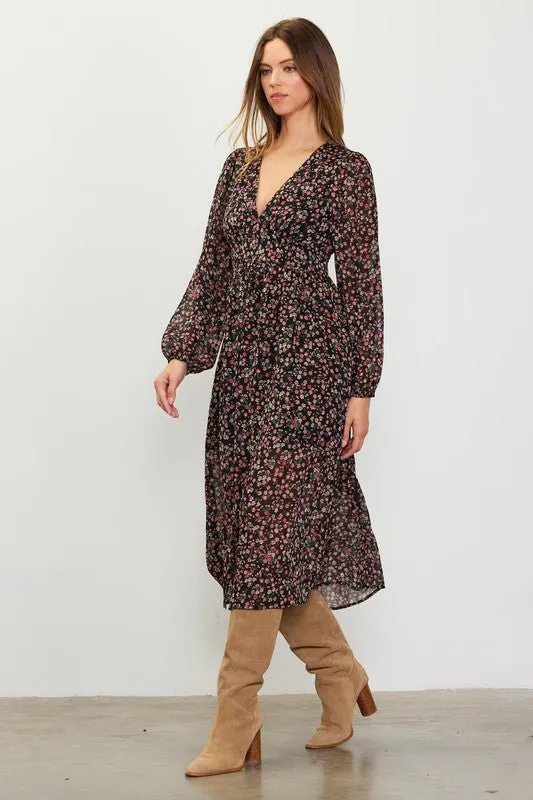 Long Sleeve Floral Print Midi Dress
