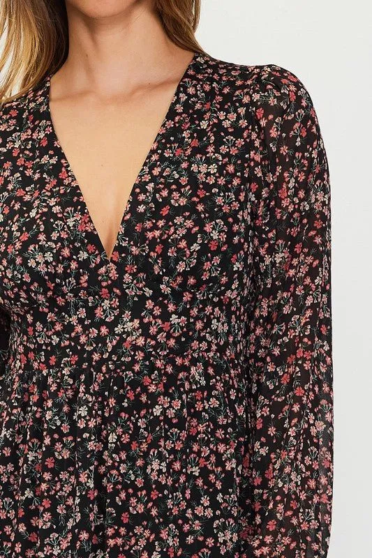 Long Sleeve Floral Print Midi Dress