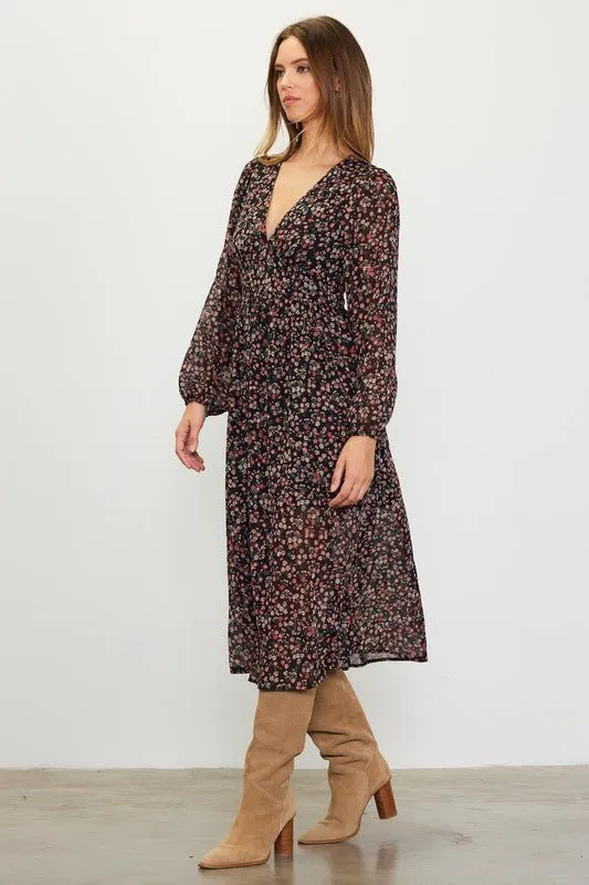 Long Sleeve Floral Print Midi Dress