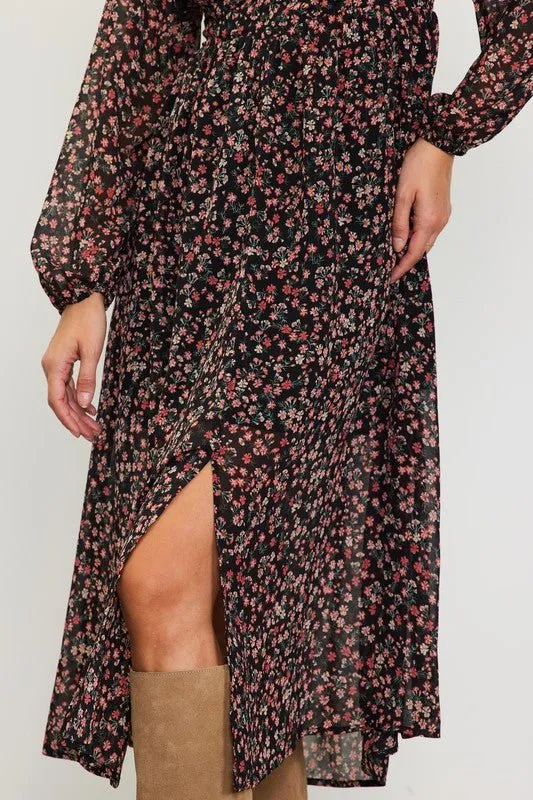 Long Sleeve Floral Print Midi Dress