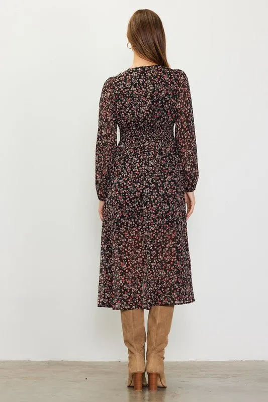 Long Sleeve Floral Print Midi Dress