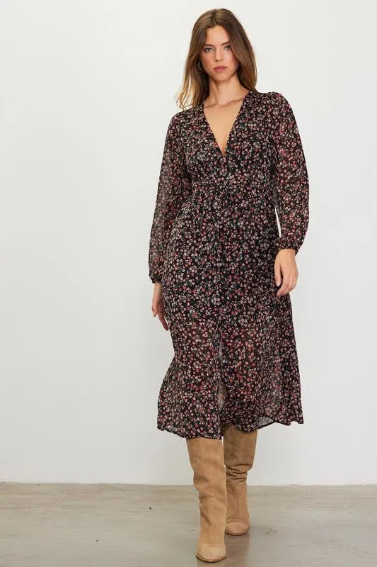 Long Sleeve Floral Print Midi Dress