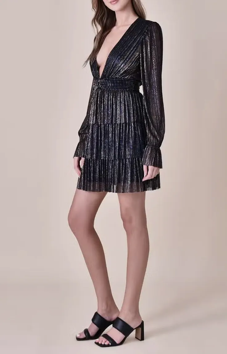 Long Sleeve V Neck Ruffle Dress